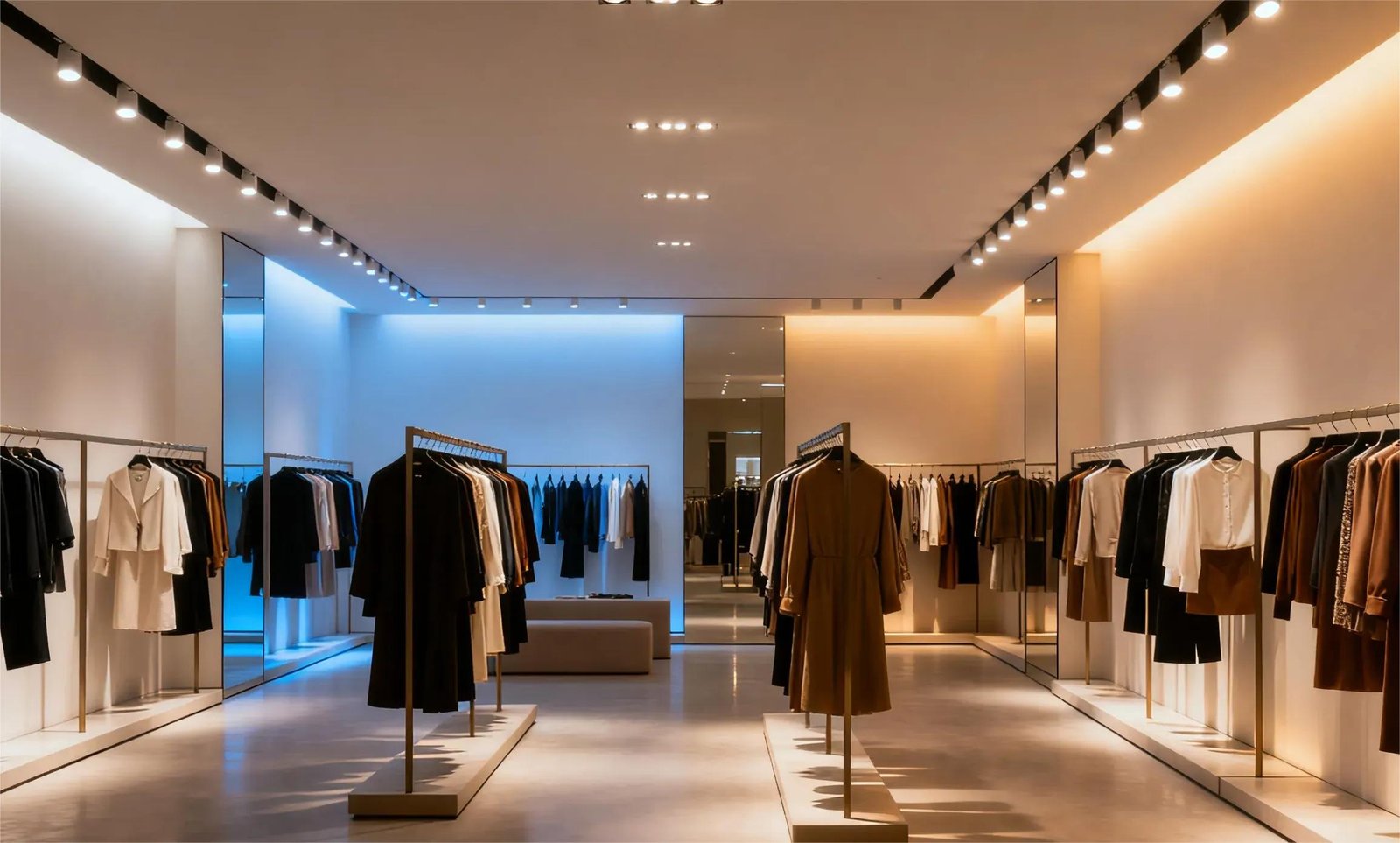 Modern luxury clothing store with track lighting