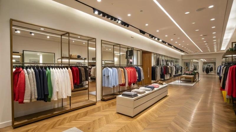 Modern clothing store interior with LED track lighting